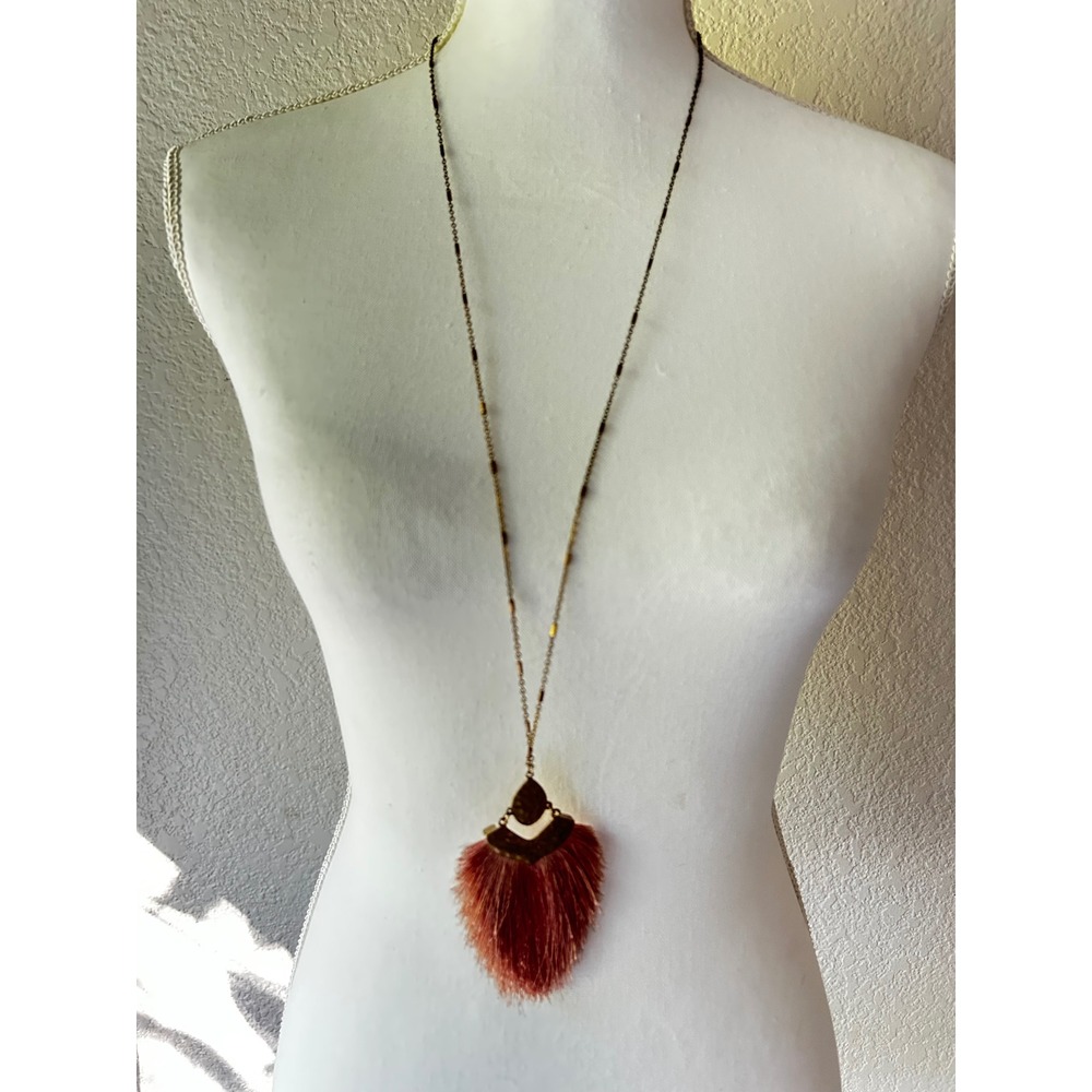 Blush Pink Fringe Tassel Long Pendant Necklace Boho Brass Tone 34 Inch Chain